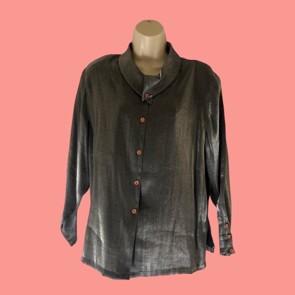 High Silver Long Sleeve Button Down Blouse, Large